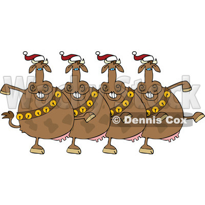 Cartoon Of A Chorus Of Christmas Cows With Bells Dancing The Can Can - Royalty Free Vector Clipart © djart #1137145