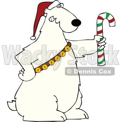 Cartoon Of A Christmas Polar Bear Holding A Candy Cane And Wearing A Santa Hat And Bells - Royalty Free Vector Clipart © djart #1144037