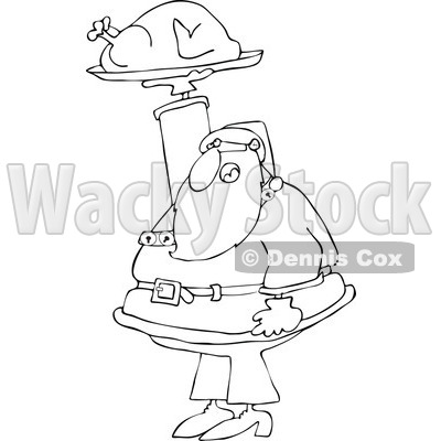 Cartoon of an Outlined Santa Holding up a Roasted Turkey - Royalty Free Vector Clipart © djart #1146362