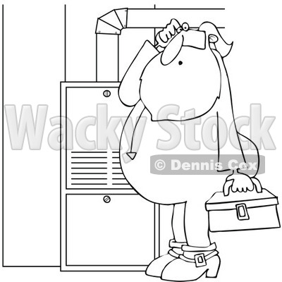 Cartoon of an Outlined Santa in His Pajamas Trying to Fix a Furnace - Royalty Free Vector Clipart © djart #1146369