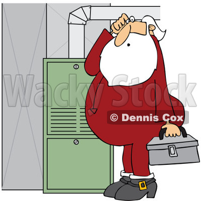 Cartoon of Santa in His Pajamas Trying to Fix a Furnace - Royalty Free Vector Clipart © djart #1146370