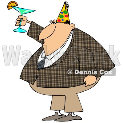 Cartoon of a Businessman in a Plaid Jacket Wearing a Party Hat and Toasting - Royalty Free Clipart © djart #1146378