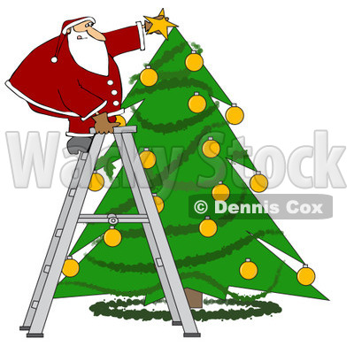 Cartoon of Santa Standing on a Ladder and Putting a Star on a Christmas Tree - Royalty Free Vector Clipart © djart #1151104