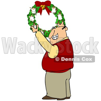 Cartoon of a Happy Man Hanging a Christmas Angel Wreath - Royalty Free Illustration © djart #1151804