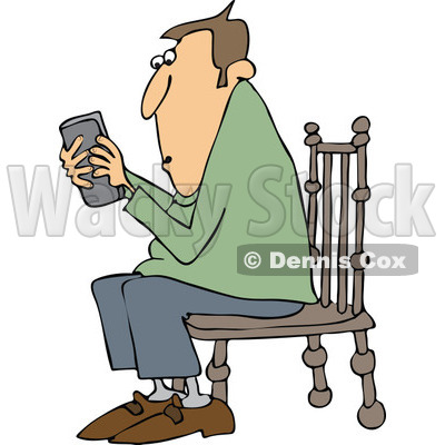 Cartoon of a Outlined Man Sitting in a Chair and Texting on a Phone - Royalty Free Vector Clipart © djart #1154596