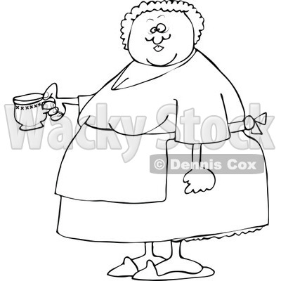 Cartoon of an Outlined Chubby Lady Wearing an Apron and Holding a Tea Cup - Royalty Free Vector Clipart © djart #1160531