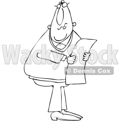 Cartoon of an Outlined Man Wearing Glasses and Reading a Long Document - Royalty Free Vector Clipart © djart #1160712