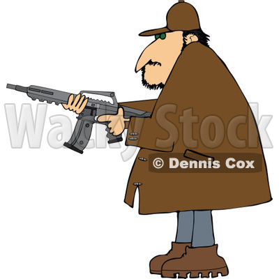 Cartoon of a Man in a Brown Jacket, Holding a Semi Automatic Assault Rifle with a Clip - Royalty Free Vector Clipart © djart #1160718