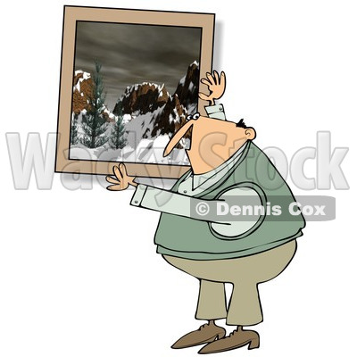 Cartoon of a Caucasian Man Hanging up a Snowy Mountain Picture - Royalty Free Clipart © djart #1162299