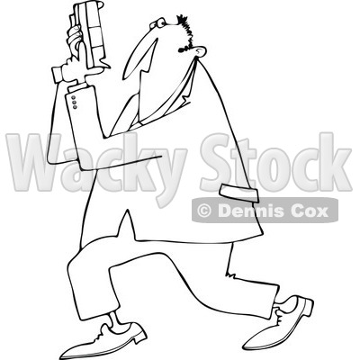 Cartoon of an Outlined Secret Agent Man Holding up His Firearm - Royalty Free Vector Clipart © djart #1166761