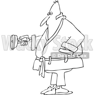 Cartoon of an Outlined Man in a Robe, Shining a Flashlight - Royalty Free Vector Clipart © djart #1173065