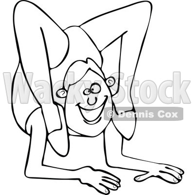 Cartoon of an Outlined Male Circus Contortionist with His Feet on His Shoulders - Royalty Free Vector Clipart © djart #1177992