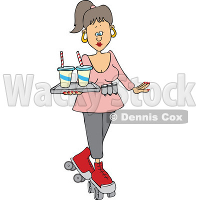 Cartoon of a Roller Skating Carhop Waitress with Drinks on a Tray - Royalty Free Vector Clipart © djart #1177995