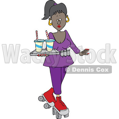 Cartoon of a Pretty Black Roller Skating Carhop Waitress with Drinks on a Tray - Royalty Free Vector Clipart © djart #1182612