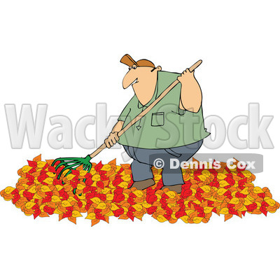 Cartoon of a Chubby Caucasian Man Raking Autumn Leaves - Royalty Free Vector Clipart © djart #1182613