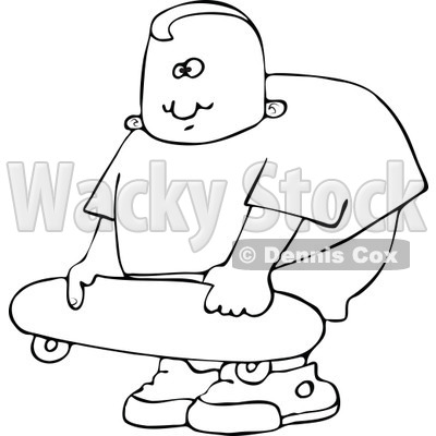 Cartoon of a Chubby Outlined Boy Holding a Skateboard - Royalty Free Vector Clipart © djart #1184106