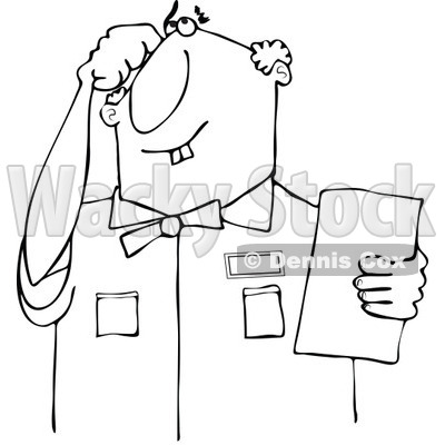 Cartoon of an Outlined Thinking Buck Toothed Man Holding a Paper - Royalty Free Vector Clipart © djart #1187361