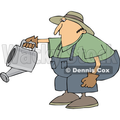 Cartoon of a Chubby White Man Bending over to Water a Garden - Royalty Free  Vector Clipart
