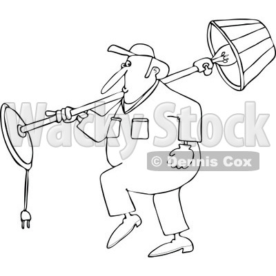 Cartoon of an Outlined Mover Man Carrying a Lamp over His Shoulder - Royalty Free Vector Clipart © djart #1190828