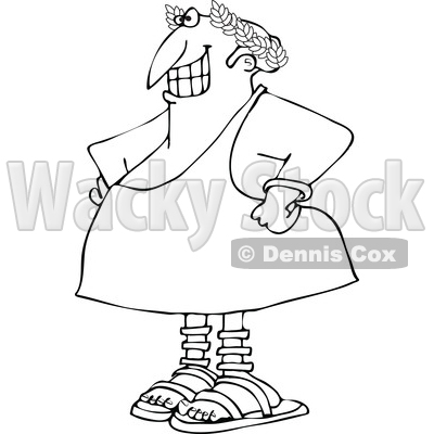 Cartoon of an Outlined Grinning Greek Man Wearing a Toga and Olive Branch - Royalty Free Vector Clipart © djart #1196945