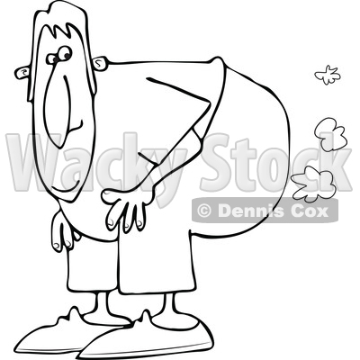 Cartoon of an Outlined Man Bending over with Fart Clouds - Royalty Free Vector Clipart © djart #1197915