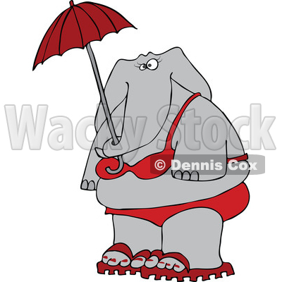 Cartoon of an Elephant in a Red Bikini, Holding an Umbrella - Royalty Free Vector Clipart © djart #1197917
