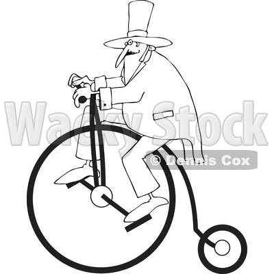 Cartoon of an Outlined Man Wearing a Top Hat and Riding a Penny Farthing Bicycle - Royalty Free Vector Clipart © djart #1197987