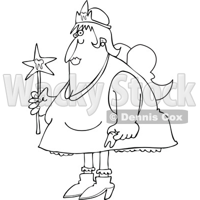 Cartoon of an Outlined Chubby Tooth Fairy Holding a Wand - Royalty Free Vector Clipart © djart #1203368