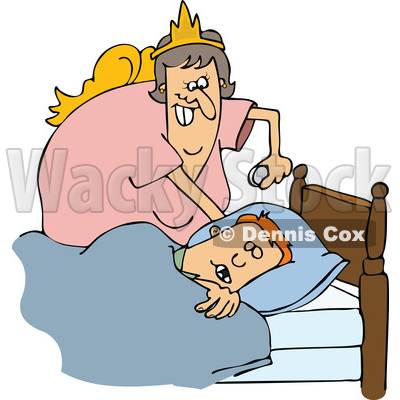 Cartoon of a Chubby White Tooth Fairy Putting a Coin Under a Boys Pillow - Royalty Free Vector Clipart © djart #1203378