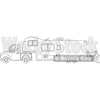 Cartoon of an Outlined Man Driving a Pickup Truck and Hauling a Camper Fifth Wheel Trailer with an ATV - Royalty Free Vector Clipart © djart #1206725