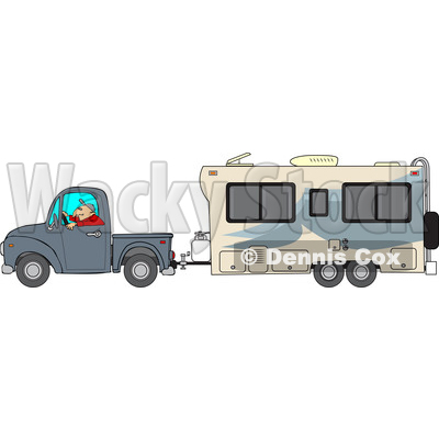 Cartoon of a Man Driving a Pickup Truck and Hauling a Camper Trailer - Royalty Free Vector Clipart © djart #1206730
