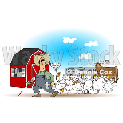 Cartoon of a Blind Farmer and Mooing Turkey Birds near a Cow - Royalty Free Clipart Illustration © djart #1210305
