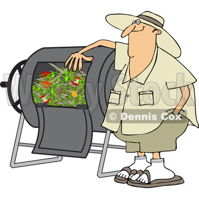 Cartoon of a Happy White Man Resting an Arm on His Composter Bin - Royalty Free Vector Clipart © djart #1212253