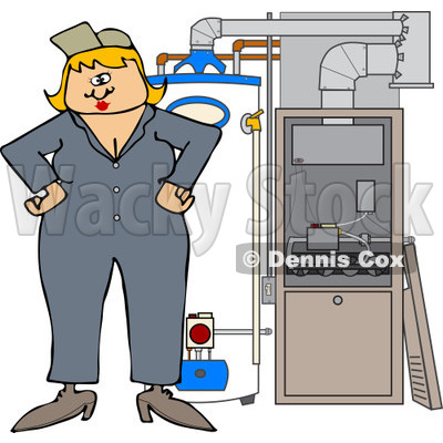 Cartoon of a Female HVAC Worker Standing by a Water Heater and Furnace - Royalty Free Vector Clipart © djart #1212922