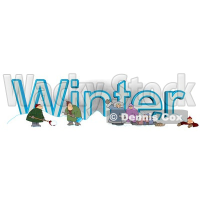 Cartoon of a Family and Men Shoveling Snow by the Word WINTER - Royalty Free Clipart © djart #1213314