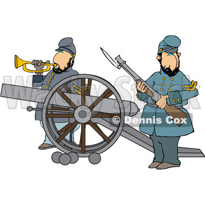 Clipart of Civil War Soldiers Holding a Rifle and Playing a Bugle Horn Beside a Cannon on the Battlefield - Royalty Free Vector Illustration © djart #1215703
