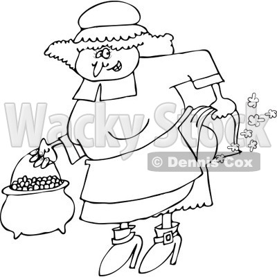 Clipart of an Outlined Female Pilgrim Farting - Royalty Free Vector Illustration © djart #1219036