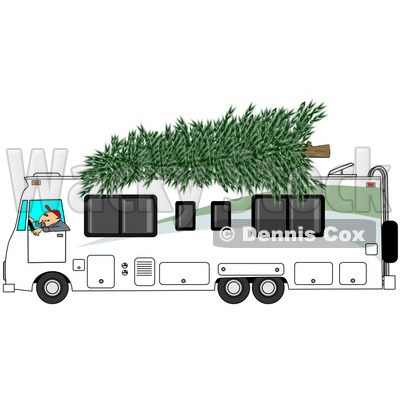 Clipart of a Man Driving a Class a Motorhome with a Christmas Tree on Top - Royalty Free Illustration © djart #1223831