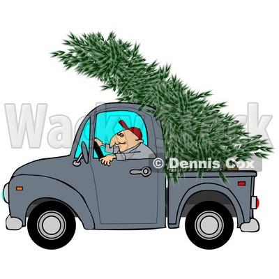 Clipart of a Man Driving a Pickup Truck with a Christmas Tree on Top - Royalty Free Illustration © djart #1223832