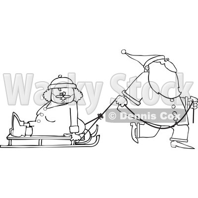 Clipart of an Outlined Santa Pulling Mrs Clause on a Sled - Royalty Free Vector Illustration © djart #1224718