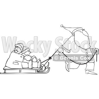 Clipart of an Outlined Santa Pulling Kids on a Sled - Royalty Free Vector Illustration © djart #1224720