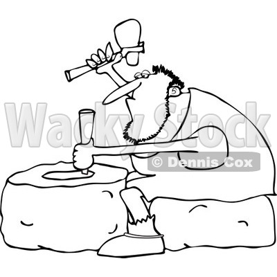 Clipart of an Outlined Genius Caveman Carving a Stone Wheel - Royalty Free Vector Illustration © djart #1225222