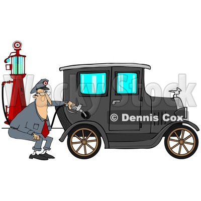 Clipart of a Male Attendant Pumping an Antique Car with an Old Fashioned Gas Pump - Royalty Free Illustration © djart #1230499