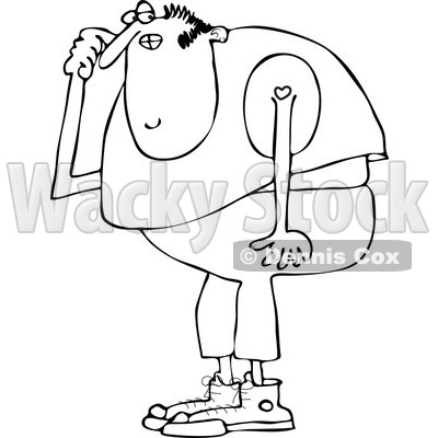 Clipart of a Black and White Thinking Chubby Man in a Sleeveless Shirt - Royalty Free Vector Illustration © djart #1235587