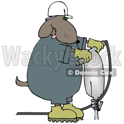 Construction Worker Dog in a Hardhat Using a Jack Hammer Clip Art 