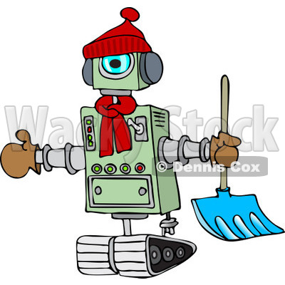 Clipart of a Winter Robot with a Snow Shovel - Royalty Free Vector Illustration © djart #1236531