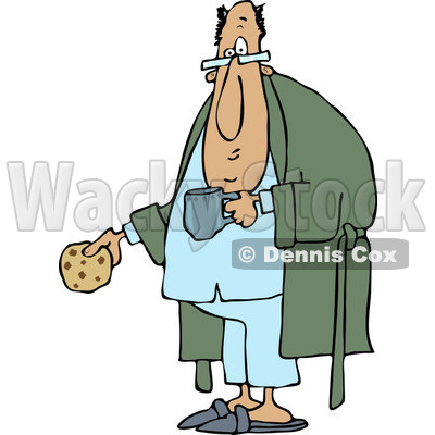 Clipart of a Chubby Man with a Cookie Coffee and Robe - Royalty Free Vector Illustration © djart #1237641