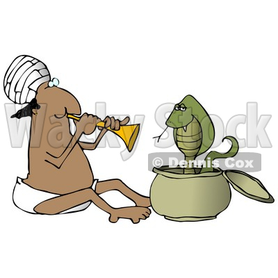 Male Indian Snake Charmer Man Playing Music For a Swaying Cobra in a Basket Clipart Illustration © djart #12423