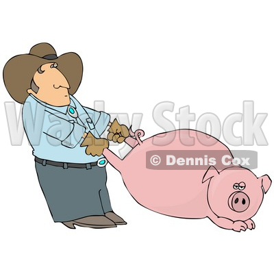Farmer Man Pulling a Fat Pink Pig by the Hind Legs Clipart Picture © djart #12427