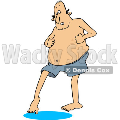Clipart of a Chubby Caucasian Man in Swim Trunks, Dipping His Toe in Water - Royalty Free Vector Illustration © djart #1243198